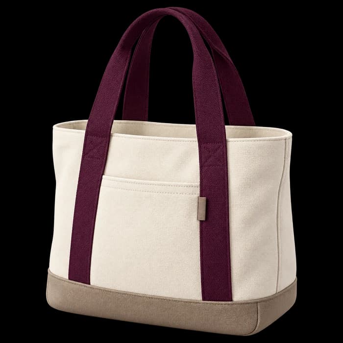 Ivory canvas travel bag with plum handles.